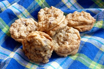 Chocolate Chip Toffee Oatmeal Cookies with Peanut Butter Frosting