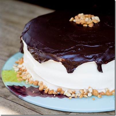 Peanut Butter Cake with Salted Caramel Cream Cheese Icing and Chocolate Ganache