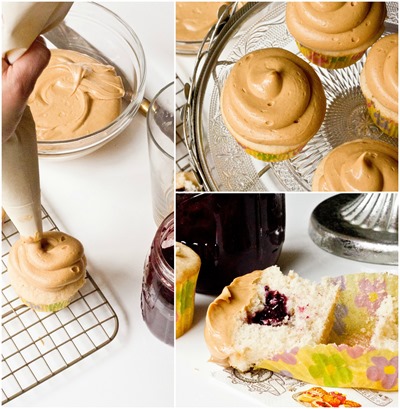 Fluffy PB&J Cupcakes with serious peanut butter frosting AND homemade jam!