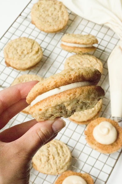 Chewy pretzel infused cookies sandwiched together with buttercream.