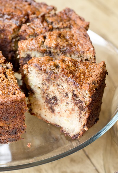 Super moist banana cake loaded with chocolate but not loaded with fat!