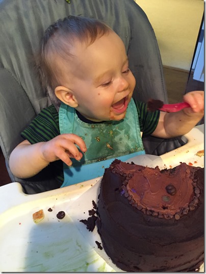 L loving his Monkey Smash Cake