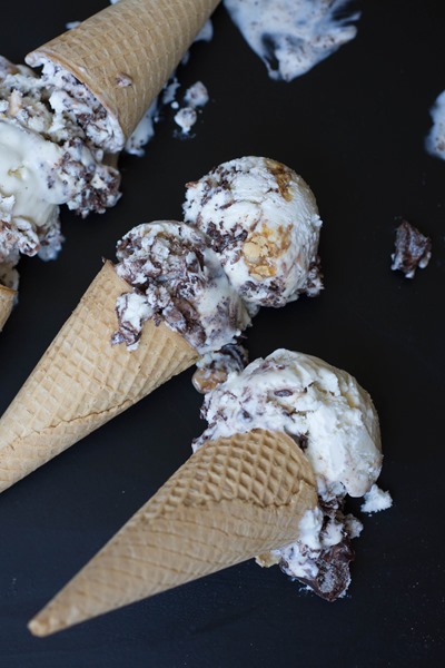 Super creamy vanilla ice cream with salty candied peanuts and dark chocolate chunks