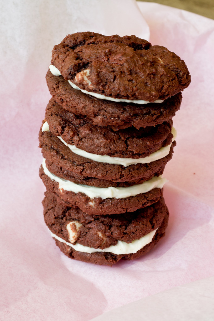 Amazing red velvet cookies with a white chocolate buttercream!