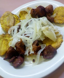 Fried Pork Tenders, Fried Plantains and onions