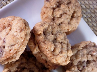 Chocolate Chip Toffee Oatmeal Cookies with Peanut Butter Frosting