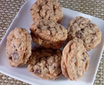 Chocolate Chip Toffee Oatmeal Cookies with Peanut Butter Frosting