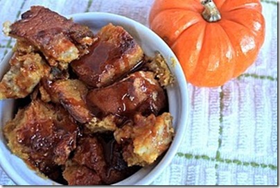 pumpkin bread pudding with salted caramel sauce
