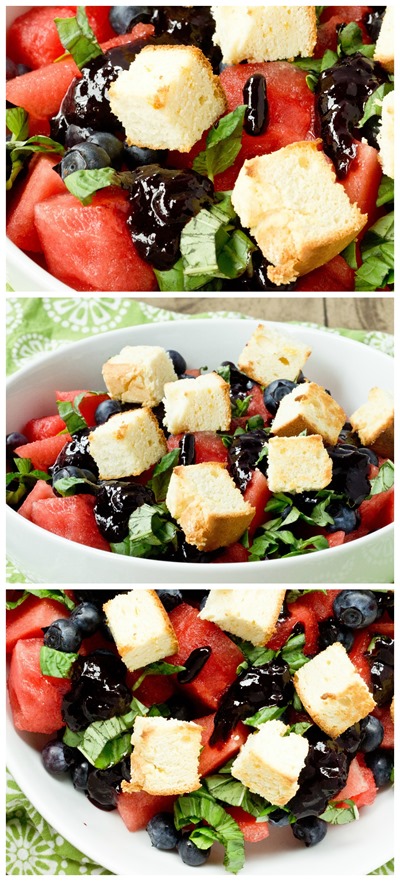 Watermelon Salad with Lemon Cake Croutons and Blueberry Balsamic Glaze