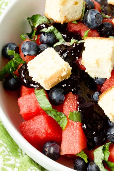 Watermelon Salad with Lemon Cake Croutons and Blueberry Balsamic Glaze