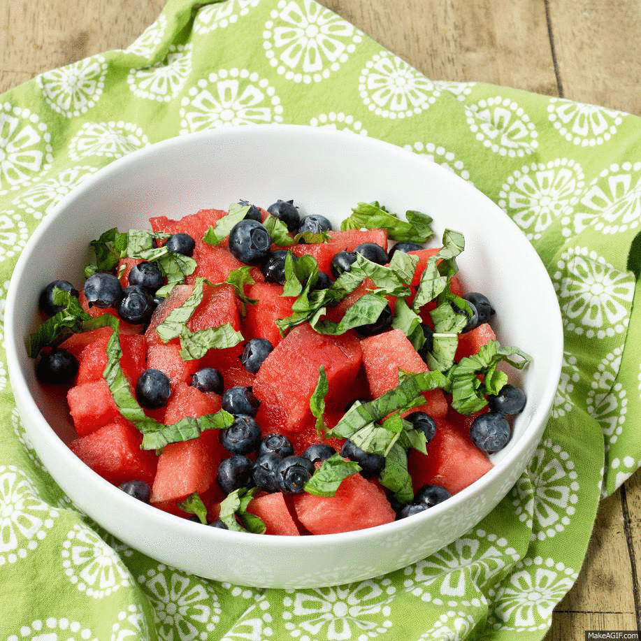 Watermelon Salad with Lemon Cake Croutons and Blueberry Balsamic Glaze