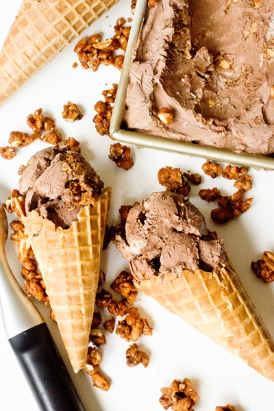 No Churn Chocolate Ice Cream with Salty Candied Peanuts