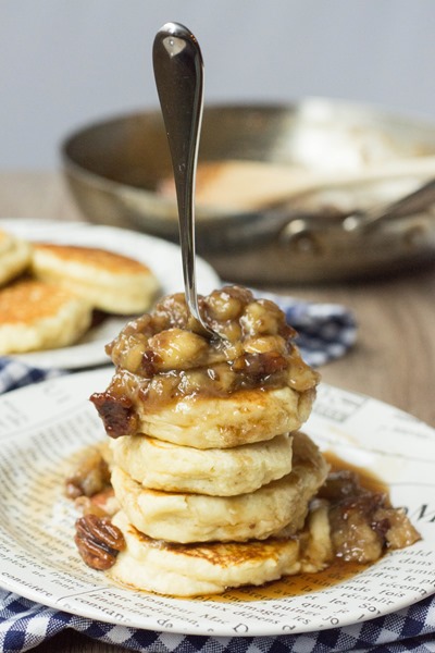 buttermilk pancakes with a maple bourbon banana pecan sauce OMG yum!